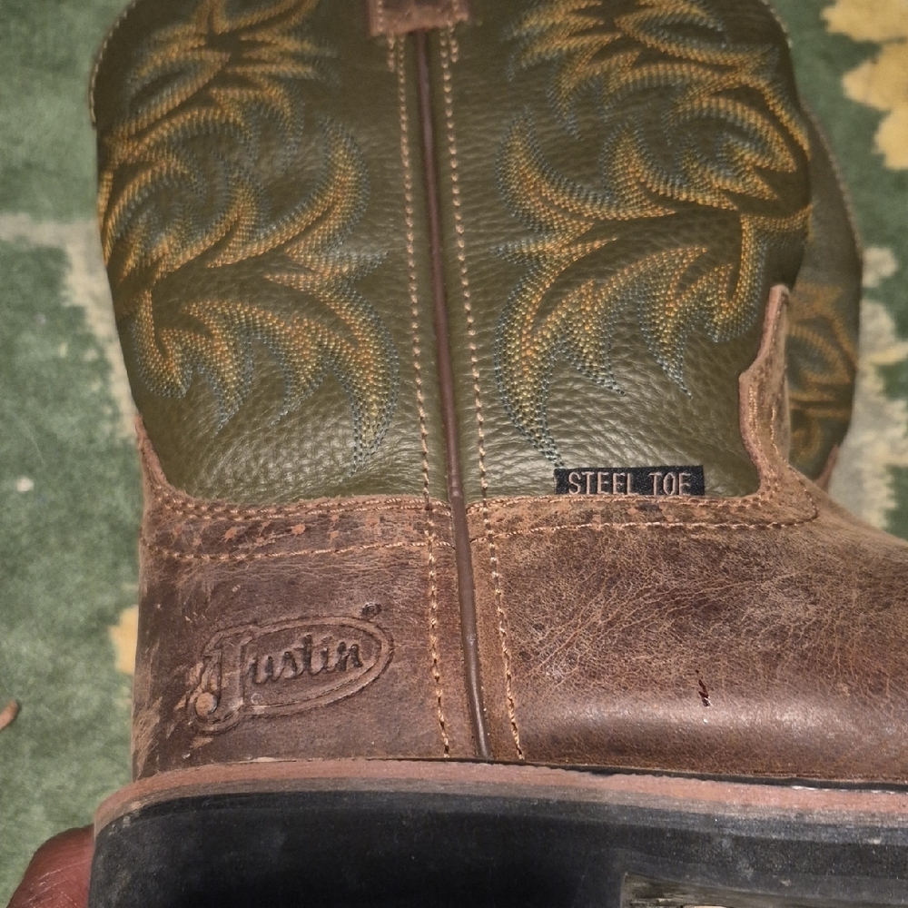Justin Boots Brown Leather Cowboy Boots with Embroidered Shaft Steel Toe - Picture 5 of 9